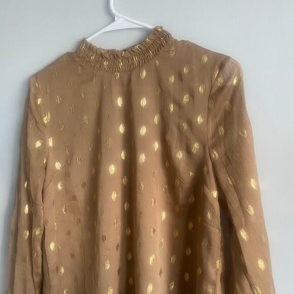 POMANDER PLACE Tan Gold Celeste Blouse Mock Neck Sheer Shimmer Blouse Size Small - Picture 6 of 9